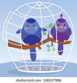 Vector of purple and blue bird sitting in a cage, about to fly away
