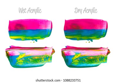 Vector purple, blue, green paint smear stroke stain set. Abstract acrylic textured art illustration. Acrilyc Texture Paint Stain Illustration. Hand drawn brush strokes vector elements. Acrilyc strokes