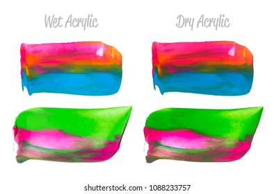 Vector purple, blue, green paint smear stroke stain set. Abstract acrylic textured art illustration. Acrilyc Texture Paint Stain Illustration. Hand drawn brush strokes vector elements. Acrilyc strokes