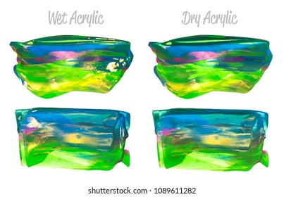 Vector purple, blue, green paint smear stroke stain set. Abstract acrylic textured art illustration. Acrilyc Texture Paint Stain Illustration. Hand drawn brush strokes vector elements. Acrilyc strokes