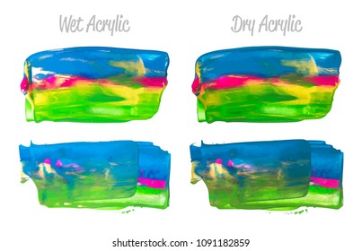 Vector purple, blue, green paint smear stroke stain set. Abstract acrylic textured art illustration. Acrilyc Texture Paint Stain Illustration. Hand drawn brush strokes vector elements. Acrilyc strokes