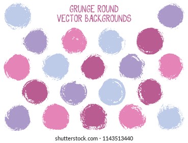 Vector purple blue grunge circles. Hipster stamp texture circle scratched label backgrounds. Circular icon, badge shape, round button elements. Grunge round shape banner backgrounds set.