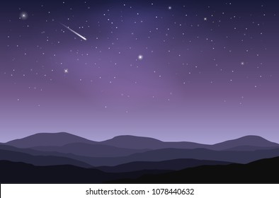 Vector purple and blue landscape with silhouettes of hills and starry night sky