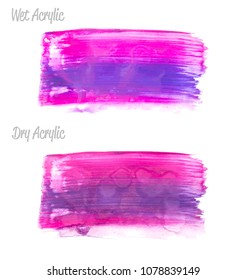 Vector purple and blue paint smear stroke stain set. Abstract acrylic textured art illustration. Acrilyc Texture Paint Stain Illustration. Hand drawn brush strokes vector elements. Acrilyc strokes.