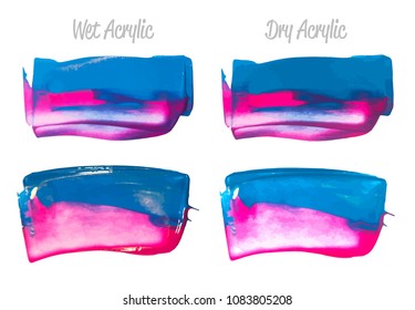 Vector purple and blue paint smear stroke stain set. Abstract acrylic textured art illustration. Acrilyc Texture Paint Stain Illustration. Hand drawn brush strokes vector elements. Acrilyc strokes.