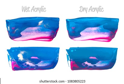 Vector purple and blue paint smear stroke stain set. Abstract acrylic textured art illustration. Acrilyc Texture Paint Stain Illustration. Hand drawn brush strokes vector elements. Acrilyc strokes.