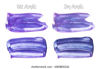 Vector purple and blue paint smear stroke stain set. Abstract acrylic textured art illustration. Acrilyc Texture Paint Stain Illustration. Hand drawn brush strokes vector elements. Acrilyc strokes.