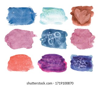 Vektorviolett, blau, rot, braun, grüner Farbabstrich mit Schlaganfall. Abstrakte, texturierte Kunstgrafik aus Acryl. Acrilyc Texture Paint Illustration. Handgezeichnete Pinselstriche ziehen Vektorelemente.
