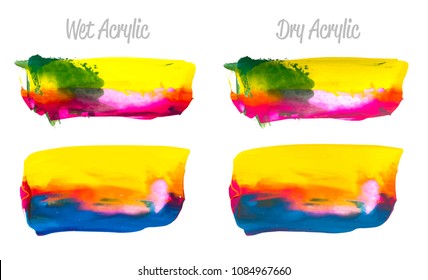Vector purple, blue, yellow paint smear stroke stain set. Abstract acrylic textured art illustration. Acrilyc Texture Paint Illustration. Hand drawn brush strokes vector elements. Acrilyc strokes.