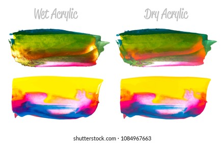 Vector purple, blue, yellow paint smear stroke stain set. Abstract acrylic textured art illustration. Acrilyc Texture Paint Illustration. Hand drawn brush strokes vector elements. Acrilyc strokes.