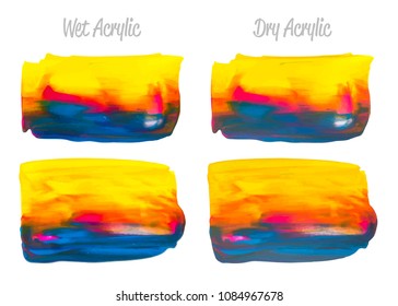 Vector purple, blue, yellow paint smear stroke stain set. Abstract acrylic textured art illustration. Acrilyc Texture Paint Illustration. Hand drawn brush strokes vector elements. Acrilyc strokes.