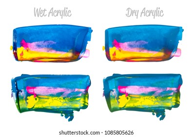 Vector purple, blue, yellow paint smear stroke stain set. Abstract acrylic textured art illustration. Acrilyc Texture Paint Illustration. Hand drawn brush strokes vector elements. Acrilyc strokes.