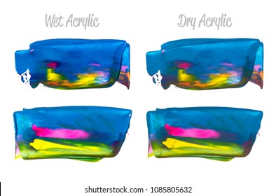 Vector purple, blue, yellow paint smear stroke stain set. Abstract acrylic textured art illustration. Acrilyc Texture Paint Illustration. Hand drawn brush strokes vector elements. Acrilyc strokes.