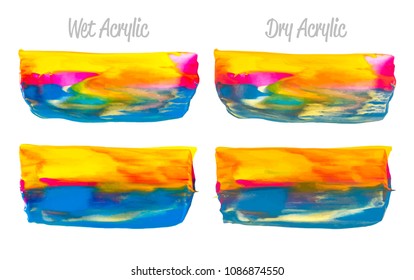 Vector purple, blue, yellow paint smear stroke stain set. Abstract acrylic textured art illustration. Acrilyc Texture Paint Illustration. Hand drawn brush strokes vector elements. Acrilyc strokes.