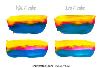 Vector purple, blue, yellow paint smear stroke stain set. Abstract acrylic textured art illustration. Acrilyc Texture Paint Illustration. Hand drawn brush strokes vector elements. Acrilyc strokes.