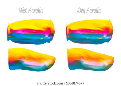 Vector purple, blue, yellow paint smear stroke stain set. Abstract acrylic textured art illustration. Acrilyc Texture Paint Illustration. Hand drawn brush strokes vector elements. Acrilyc strokes.