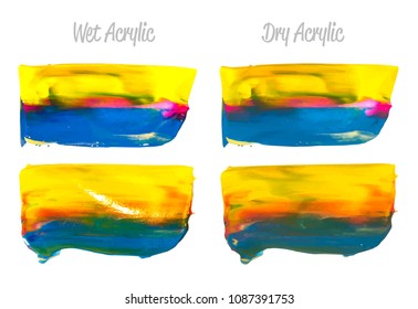 Vector purple, blue, yellow paint smear stroke stain set. Abstract acrylic textured art illustration. Acrilyc Texture Paint Illustration. Hand drawn brush strokes vector elements. Acrilyc strokes.