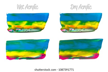 Vector purple, blue, yellow paint smear stroke stain set. Abstract acrylic textured art illustration. Acrilyc Texture Paint Illustration. Hand drawn brush strokes vector elements. Acrilyc strokes.