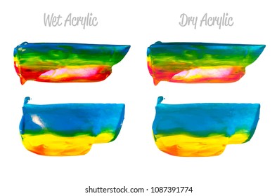 Vector purple, blue, yellow paint smear stroke stain set. Abstract acrylic textured art illustration. Acrilyc Texture Paint Illustration. Hand drawn brush strokes vector elements. Acrilyc strokes.