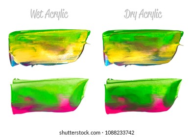 Vector purple, blue, yellow paint smear stroke stain set. Abstract acrylic textured art illustration. Acrilyc Texture Paint Illustration. Hand drawn brush strokes vector elements. Acrilyc strokes.