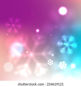 Vector purple blurred background with glowing snowflakes, winter backdrop for New Year poster  and banner design