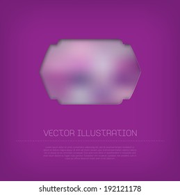 Vector purple blurry cut out badge with inner shadow. Smooth and soft unfocused photographic background. Vintage retro frame. Greeting card design template.