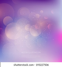 Vector purple blurry glowing bokeh background with glitter.
