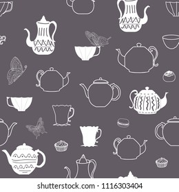 Vector purple brown vintage teapots and cups seamless pattern background. Perfect for fabric, scrap booking,  kitchen , invitations, gift wrap
 - Shutterstock ID 1116303404