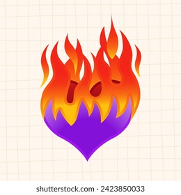 Vector purple burning heart isolated on striped beige background.