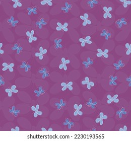 Brisa de mariposa púrpura vectora Brisa sin fisuras. Mariposas talladas en diferentes tonos azules revoloteando sobre un fondo morado. Parte de la colección Blossoms and Butterflies.