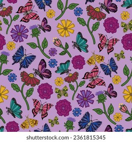 Vector purple butterfly flowers seamless pattern background, perfect for scrapbooking, card making, wall paper, sewing, fabric, packaging, wrapping paper