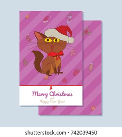 Vector purple card "Merry Christmas and Happy New Year" with cartoon image of a cute brown cat in a red Santa's hat sitting and smiling on a white background. Christmas, New Year, holiday.