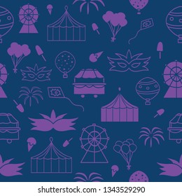 Vector purple carnival seamless pattern background. Suitable for fabrics, wallpapers, gift wrappers, scrapbook projects