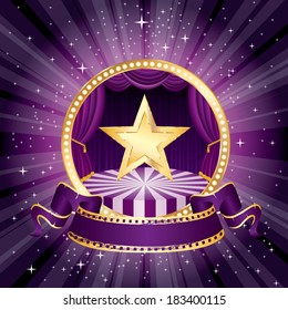 vector purple circle circus stage with golden star and blank banner 