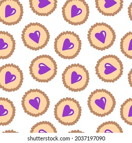 Vector purple coloured cookies. Hand drawn cartoon cookie heart shape. Vector seamless pattern. For greeting cards, wrapping paper, Valentines day, love decoration, wedding decor.
