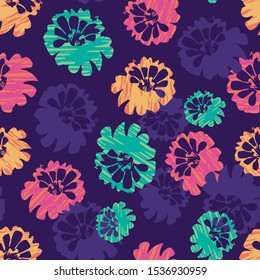 Vector purple colourful abstract marigold flower shape seamless pattern with brush strokes texture. Perfect for fabric, scrapbooking and wallpaper projects.