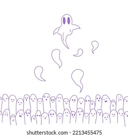 Vector. Purple contrast seamless pattern. Creepy evil Halloween background. Hand-drawn ghosts in cartoon style. Repeating wallpaper, sketch. Design of gift wrapping, gift paper.