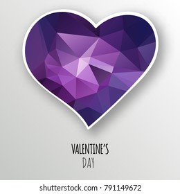 Vector purple crystal heart isolated on white background. Geometric rumpled triangular low poly style gradient graphic illustration. Polygonal badge design for your business.