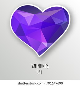 Vector purple crystal heart isolated on white background. Geometric rumpled triangular low poly style gradient graphic illustration. Polygonal badge design for your business.