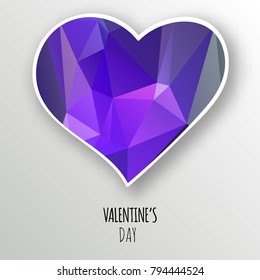 Vector purple crystal heart isolated on white background. Geometric rumpled triangular low poly style gradient graphic illustration. Polygonal badge design for your business.