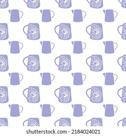 Vector purple cups with flowers, stripes seamless background. Excellent for fabric, scrapbooking, wallpaper projects, backgrounds, invitations, design projects. Surface pattern design.