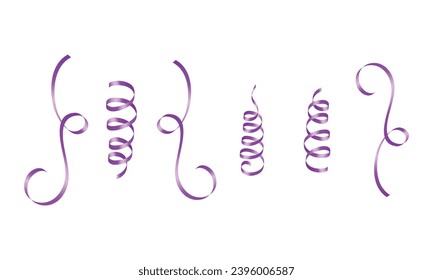 Vector purple curled ribbons serpentine realistic set.
