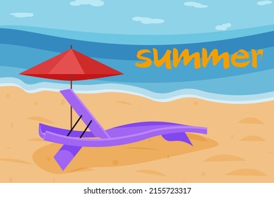 Tumbona vectorial morada y sombrilla de playa roja a orillas del mar.