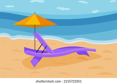 Vector purple deck chair  and yellow beach umbrella on the seashore.
