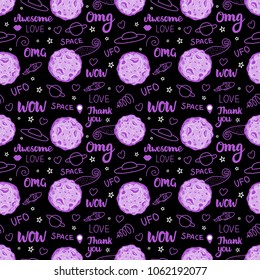Vector Purple doodle space card. Hand drawing of the planet and lettering inscriptions. Seamless pattern isolated on a dark background.