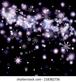 Vector purple festive Christmas elegant abstract background with bokeh lights and stars.
