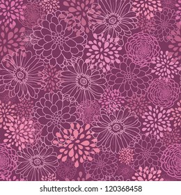 Vector purple field flowers elegant seamless pattern background with hand drawn line art floral elements.