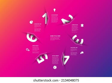 Vector purple five steps progress diagram schema cycle template with big arrows and numbers with deep shadow cut from the paper, descriptions and icons. Purple version with big white step numbers