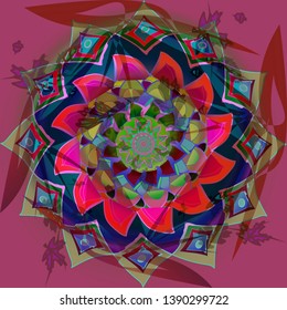 VECTOR PURPLE FLOWER MANDALA, IN PURPLE, RED, PINK, BLUE, LIGHT BLUE. ABSTRACT BACKGROUND IN BROWN AND DARK RED. INDIAN STYLE