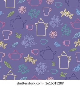 Vector Purple flower and teapots  seamless pattern background.Perfect for fabric, wallpaper
